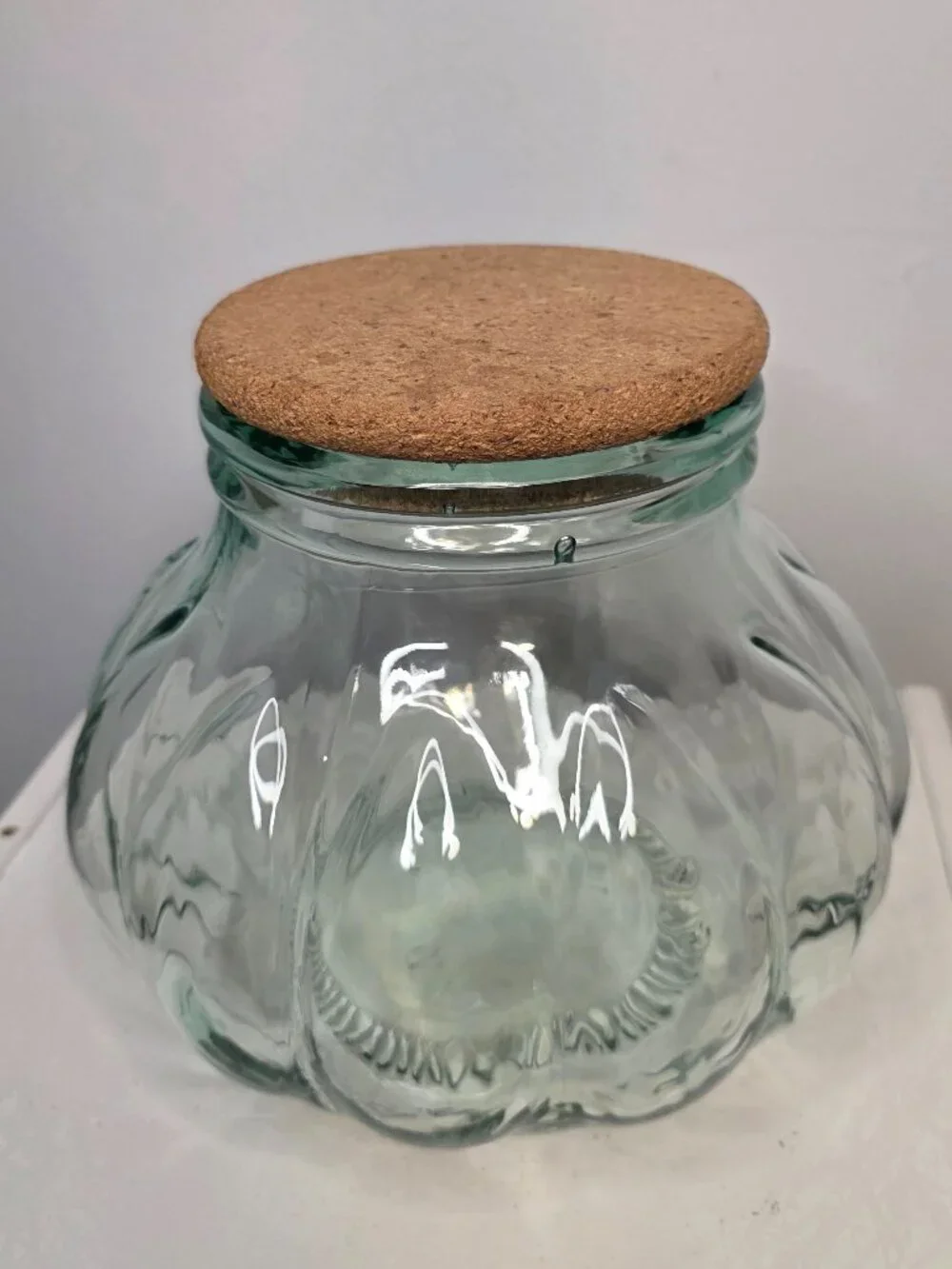 Green Glass Large Pumpkin Shaped Jar With Cork Lid Italy